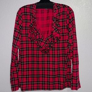 Lauren Ralph Lauren Ruffle Front Plaid Long Sleeve Blouse  XL